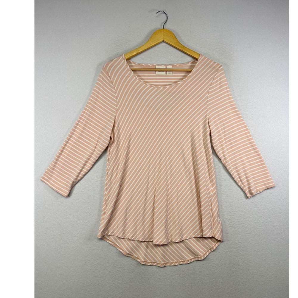 Preppy‎ Chicos Womens 1 Medium Pink Striped 3/4 Sleeve Back Cutout High Low Top